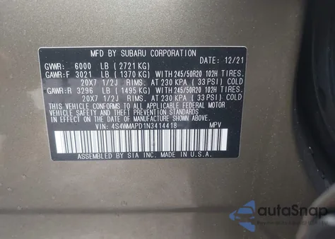 2022 Subaru Ascent Limited из США, поврежденный, VIN 4S4WMAPD1N3414418